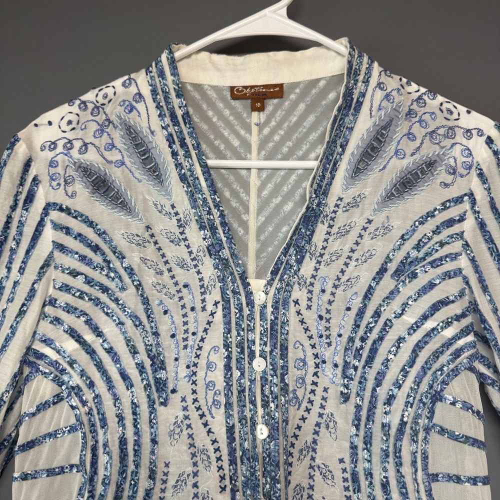 Obstinee by Ika Silk Cotton Blue White Striped Embroidered Button Blouse Size 10 - Picture 4 of 7
